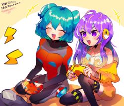 Rule 34 | 2girls, ^ ^, aria rin, black legwear, blue hair, breasts, cleavage, closed eyes, collarbone, commentary, commission, controller, english commentary, game cartridge, game console, highres, holding, holding controller, hood, hoodie, indie virtual youtuber, medium breasts, mixed-language commentary, multiple girls, nintendo 64, nintendo 64 controller, off shoulder, repikinoko, second-party source, short hair, sitting, skeb commission, smile, thighhighs, two side up, v-shaped eyebrows, virtual youtuber, vividly vivi, yellow hoodie