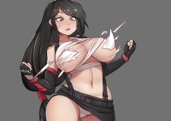 Rule 34 | 1girl, bare shoulders, belt, black belt, black eyes, black gloves, black hair, black skirt, blush, breasts, clenched hand, commentary, cowboy shot, crop top, elbow gloves, final fantasy, final fantasy vii, fingerless gloves, gloves, grey background, hands up, highres, large breasts, long hair, looking down, low-tied long hair, midriff, miniskirt, mochi (chain csn), navel, nose blush, open mouth, panties, pantyshot, pencil skirt, shirt, sidelocks, simple background, skirt, sleeveless, sleeveless shirt, solo, standing, stomach, suspender skirt, suspenders, sweat, swept bangs, tifa lockhart, torn clothes, torn shirt, underwear, very long hair, white panties, white shirt