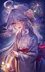 Rule 34 | 1girl, ahoge, alternate costume, blue eyes, blue hair, blush, dasha, fireworks, flower, furina (genshin impact), genshin impact, hair between eyes, hair flower, hair ornament, highres, japanese clothes, kimono, lake, light blue hair, long hair, looking at viewer, lower teeth only, multicolored hair, night, night sky, open mouth, outdoors, sidelocks, sky, smile, solo, standing, streaked hair, teeth, two-tone hair, water, wide sleeves
