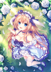 Rule 34 | 1girl, arm ribbon, bare shoulders, blonde hair, blue dress, blue eyes, breasts, cleavage, commentary request, crown, dress, dutch angle, flower, grass, hair between eyes, hair ribbon, headdress, heart collar, high heels, large breasts, layered dress, long hair, looking at viewer, mini crown, open mouth, original, petals, pumps, purple footwear, ribbon, rose, solo, sorai shin&#039;ya, sundress, thighhighs, white thighhighs