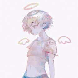 Rule 34 | 1boy, 666haorare666, angel, angel wings, bad id, bad pixiv id, collarbone, commentary request, crop top, halo, looking to the side, male focus, muted color, navel, original, shadow, shinigami, short hair, short sleeves, solo, upper body, white hair, wings