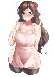 Rule 34 | 1girl, absurdres, apron, black thighhighs, blush, breasts, brown hair, hair ornament, hairclip, highres, kantai collection, large breasts, long hair, mamiya (kancolle), naked apron, nose blush, oniken, pink apron, purple eyes, sideboob, solo, thighhighs