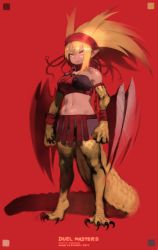 Rule 34 | 1girl, bike shorts, blonde hair, breasts, character request, claws, clenched hands, collar, copyright name, dual wielding, duel masters, full body, hairband, holding, lizard tail, long hair, medium breasts, midriff, monster girl, navel, pointy ears, red background, red eyes, reptile girl, scales, shield, shorts, single strap, solo, standing, stomach, tail, tan, toned, yoshizaki mine