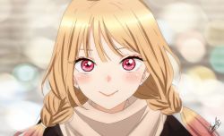 Rule 34 | 1girl, beige scarf, blonde hair, blurry, blurry background, blush, braid, brown jacket, closed mouth, earrings, eyebrows hidden by hair, highres, jacket, jewelry, kitagawa marin, laillnii, long hair, looking at viewer, multicolored hair, multiple piercings, outdoors, piercing, pink hair, red eyes, scarf, signature, solo, sono bisque doll wa koi wo suru, stud earrings, twin braids, twintails, two-tone hair