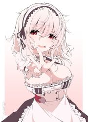 Rule 34 | 1girl, azur lane, bad id, bad twitter id, blush, breasts, cleavage, dress, eyes visible through hair, fang, frills, hairband, highres, lace-trimmed hairband, lace trim, large breasts, medium hair, open mouth, outstretched arm, red eyes, sakakiba misogi, short sleeves, signature, simple background, sirius (azur lane), solo, white hair