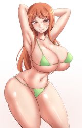 Rule 34 | 1girl, armpits, arms behind head, bikini, breasts, covered erect nipples, green bikini, highres, large breasts, long hair, looking at viewer, mistynight, nami (one piece), naughty face, navel, one piece, orange hair, solo, swimsuit, white background