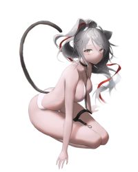 Rule 34 | 1girl, absurdres, animal ears, arknights, bare legs, bare shoulders, bdsm, between breasts, bikini, breasts, brown eyes, cat ears, cat girl, cat tail, cleavage, closed mouth, collar, full body, grey hair, highres, large breasts, leaning forward, leash, long hair, looking at viewer, pet play, ponytail, sayun (5 to 16 ), schwarz (arknights), simple background, sitting, slave, solo, swimsuit, tail, white background, white bikini