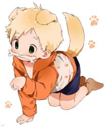 Rule 34 | blonde hair, bone, child, dog boy, dog tail, hood, hoodie, male focus, nemui (nemuriyagi), patterned clothing, shorts, tail, white background