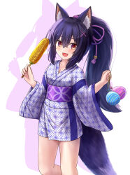 Rule 34 | 1girl, :d, absurdres, animal ear fluff, animal ears, black hair, breasts, brown eyes, cleavage, collarbone, colored shadow, commentary request, corn, drop shadow, fang, food, hair between eyes, hair ornament, hairclip, highres, holding, holding food, iroha (iroha matsurika), japanese clothes, kimono, kunoichi-chan (iroha (iroha matsurika)), long hair, long sleeves, looking at viewer, open mouth, original, ponytail, shadow, short kimono, simple background, small breasts, smile, solo, tail, very long hair, water yoyo, white background, wide sleeves, wolf ears, wolf girl, wolf tail, x hair ornament, yukata