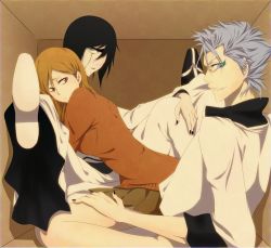Rule 34 | 1girl, 2boys, arrancar, barefoot, between legs, black hair, black nails, bleach, blue eyes, blue hair, box, brown eyes, colored skin, eri, eri momo, facial mark, green eyes, grimmjow jaegerjaquez, grin, hair ornament, hair over one eye, hairpin, hand on another&#039;s thigh, hand on thigh, in box, in container, inoue orihime, leg up, long hair, looking back, multiple boys, nail polish, number tattoo, orange hair, profile, short hair, sitting, sitting on lap, sitting on person, skirt, skull, smile, spiked hair, sweater, tattoo, ulquiorra cifer, white skin
