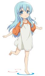 Rule 34 | 10s, 1girl, barefoot, blue eyes, blue hair, highres, long hair, matching hair/eyes, no pants, noel (sora no method), outstretched arms, red star (toranecomet), running, shirt, simple background, smile, solo, sora no method, t-shirt