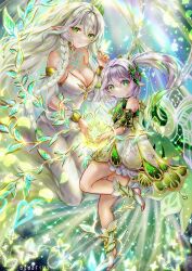 Rule 34 | 2girls, absurdres, aquariu27889147, artist name, bare shoulders, bloomers, braid, breasts, commentary request, detached sleeves, dress, eyelashes, genshin impact, gold choker, gold trim, gradient hair, green background, green eyes, green hair, green sleeves, grey hair, hair between eyes, hair ornament, hand up, highres, holding, leaf hair ornament, leg up, light smile, looking at viewer, multicolored background, multicolored hair, multiple girls, nahida (genshin impact), partial commentary, pointy ears, rukkhadevata (genshin impact), side braid, single braid, stirrup legwear, symbol-shaped pupils, toeless legwear, toes, two-tone hair, underwear, white bloomers, white dress, white sleeves