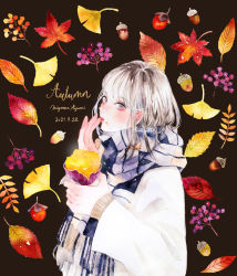 Rule 34 | 1girl, acorn, artist name, autumn, blush, brown background, brown hair, dated, eating, finger to mouth, food, from side, ginkgo leaf, holding, holding food, leaf, looking at viewer, maple leaf, miya (akatabi dante), original, painting (medium), purple eyes, roasted sweet potato, scarf, sweet potato, traditional media, watercolor (medium), roasted sweet potato