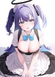 Rule 34 | 1girl, alternate costume, apron, aqua bow, aqua bowtie, black dress, blue archive, blue eyes, blush, bow, bowtie, breasts, cleavage, detached collar, dress, enmaided, halo, head tilt, highres, large breasts, looking at viewer, maid, maid headdress, purple hair, shadow, simple background, solo, touyou (39kir), two side up, waist apron, white apron, white background, yuuka (blue archive)