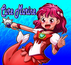 Rule 34 | 1990s (style), 1girl, akazukin chacha, breasts, character name, cosplay, cure marine, cure marine (cosplay), facing viewer, heartcatch precure!, looking at viewer, marin (akazukin chacha), marin (marine-sky-earth), matching hair/eyes, mermaid, monster girl, pink eyes, pink hair, precure, retro artstyle, small breasts, solo, tagme, v