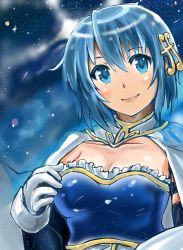 Rule 34 | 10s, 1girl, armband, bad id, bad pixiv id, blue eyes, blue hair, breasts, cape, cleavage, collarbone, duralu500, fortissimo, gloves, hair ornament, hairclip, highres, magical girl, mahou shoujo madoka magica, mahou shoujo madoka magica (anime), mahou shoujo madoka magica movie 1 &amp; 2, matching hair/eyes, miki sayaka, musical note, musical note hair ornament, short hair, smile, solo