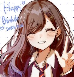 Rule 34 | 1girl, black hair, blush, closed eyes, collared shirt, commentary, dated, diagonal-striped clothes, diagonal-striped necktie, dot nose, earrings, facing viewer, fuyu 2320, hair ornament, hairclip, hand up, happy birthday, heart, highres, jewelry, long hair, long sleeves, necktie, project sekai, shiraishi an, shirt, smile, solo, star (symbol), star earrings, star hair ornament, striped clothes, teeth, upper body, w, white background