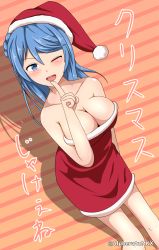 Rule 34 | 10s, 1girl, ;d, alphe, artist name, bad id, bad pixiv id, bare arms, bare legs, bare shoulders, blue eyes, blue hair, blush, bobblehat, breasts, cleavage, collarbone, dress, dutch angle, eyebrows, female focus, finger to mouth, fur trim, hair bun, hat, highres, kantai collection, large breasts, legs, long hair, matching hair/eyes, neck, one eye closed, open mouth, orange background, red dress, red hat, round teeth, santa costume, santa hat, shadow, shiny skin, short dress, shushing, simple background, single hair bun, smile, solo, standing, strapless, strapless dress, striped, striped background, teeth, urakaze (kancolle), wink