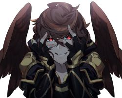 Rule 34 | 1boy, armor, black armor, black gloves, brown hair, commentary request, crazy eyes, crazy smile, empty eyes, feathered wings, fingerless gloves, gloves, gold trim, granblue fantasy, hands on own cheeks, hands on own face, highres, hizuki miya, male focus, red eyes, sandalphon (granblue fantasy), short hair, simple background, smile, solo, upper body, white background, wings, yandere trance