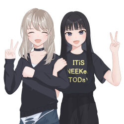 Rule 34 | 2girls, ^ ^, absurdres, arm up, black choker, black eyes, black hair, black shirt, black shorts, black sweater, blue shorts, blush, choker, closed eyes, clothes writing, collarbone, commentary request, girls band cry, grey hair, highres, kawaragi momoka, locked arms, long hair, long sleeves, looking at viewer, multicolored hair, multiple girls, omochi tabeyo97, open mouth, real life, roots (hair), shirt, shirt tucked in, short sleeves, shorts, simple background, sleeves past wrists, sweater, v, voice actor, voice actor connection, white background, yuri (voice actor)