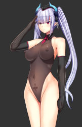 Rule 34 | 1girl, arm up, armpits, bare legs, bare shoulders, black background, black leotard, breasts, covered erect nipples, covered navel, cowboy shot, daiaru, detached collar, elbow gloves, expressionless, female focus, gloves, groin, hat, heart, heart tattoo, heterochromia, highres, large breasts, legs, leotard, long hair, looking at viewer, mini hat, original, pointy ears, pubic tattoo, purple hair, salute, see-through, senhime bad ending after, simple background, solo, standing, tattoo, thighs, twintails