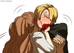 Rule 34 | 1boy, 1girl, absurdres, back, black jacket, blonde hair, blue eyes, blush, brown hair, charlotte pudding, closed eyes, clothes grab, collared shirt, dress, full-face blush, hair over one eye, hetero, highres, interlocked fingers, jacket, kiss, long hair, long sleeves, one piece, own hands together, red shirt, rita ya, sanji (one piece), shirt, shirt grab, short hair, short sleeves, standing