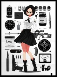 Rule 34 | 1girl, black border, black hair, boots, border, branch, brown eyes, bullet, camera, carv, clock, contrapposto, dog tags, dragunov svd, earrings, full body, glasses, gun, handgun, hands in pockets, jar, jewelry, knife, leaf, long sleeves, looking at viewer, magazine (weapon), neckerchief, nixie tube, original, parted bangs, rifle, school uniform, scope, shirt, short hair, skirt, sniper rifle, solo, standing, stechkin aps, watch, weapon, white background, white shirt
