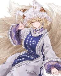 Rule 34 | 1girl, blonde hair, blue tabard, closed mouth, commentary request, embellished costume, fingernails, fox shadow puppet, fox tail, hat, highres, looking at viewer, mob cap, multiple tails, sarasadou dan, simple background, sitting, slit pupils, smile, solo, tabard, tail, touhou, white background, white hat, yakumo ran, yellow eyes