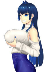 Rule 34 | 1girl, ass, bare shoulders, blue hair, blue nails, blunt ends, breast lift, breasts, clothing cutout, colored inner hair, covered erect nipples, dark blue hair, denim, ear piercing, grabbing own breast, grin, hair intakes, high-waist pants, highres, hololive, hololive english, huge breasts, large breasts, long hair, long sleeves, looking at viewer, motion lines, multicolored hair, official alternate costume, official alternate hairstyle, one eye closed, ouro kronii, pants, piercing, ryu seung, shoulder cutout, signature, simple background, smile, solo, sweater, sweater tucked in, tsurime, turtleneck, virtual youtuber, white background, white sweater