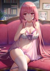 Rule 34 | 1girl, alternate costume, azur lane, blush, bookshelf, breasts, cleavage, collarbone, crossed legs, highres, large breasts, lingerie, long hair, looking at viewer, navel, negligee, panties, panties around leg, perseus (azur lane), picture frame, pink eyes, pink hair, pubic tattoo, satomi (745684552), see-through, single thighhigh, sitting, solo, tattoo, thighhighs, twintails, underwear, white thighhighs