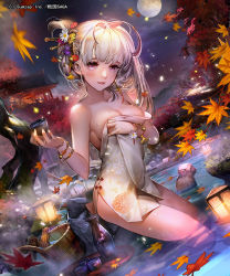 Rule 34 | 1girl, afloat, animal, autumn, autumn leaves, backlighting, bare shoulders, black hair, black ribbon, blonde hair, breasts, bucket, building, cherry blossoms, cleavage, closed mouth, collarbone, copyright request, cup, drink, dutch angle, floral print, full moon, hair ornament, hair ribbon, hair stick, hairband, holding, japanese macaque, katateoke, lantern, liduke, liquid, long hair, looking at viewer, medium breasts, monkey, moon, moonlight, naked towel, night, night sky, official art, onsen, original, outdoors, pink eyes, pink lips, plant, ribbon, rock, sky, smile, solo, standing, teapot, towel, towel on head, tree, very long hair, wading, water, water drop, wet, white towel, wooden bucket, wristband