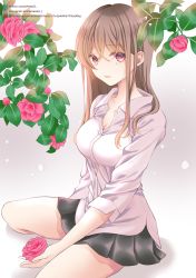 Rule 34 | 1girl, absurdres, black skirt, breasts, brown eyes, brown hair, cleavage, collarbone, collared shirt, commentary, crying, crying with eyes open, dress shirt, flower, hair between eyes, highres, holding, holding flower, long hair, long sleeves, looking at viewer, medium breasts, original, parted lips, pleated skirt, red flower, sheepd, shirt, sitting, skirt, solo, spread legs, tears, watermark, web address, white shirt