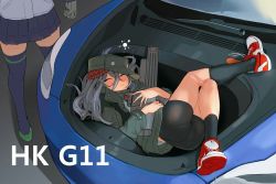 Rule 34 | 2girls, assault rifle, black shorts, black socks, bullpup, car, caseless firearm, clothing cutout, coat, commentary request, g11 (girls&#039; frontline), girls&#039; frontline, green hat, green jacket, gun, h&amp;k g11, hat, hk416 (girls&#039; frontline), holding, holding gun, holding weapon, hong doo, horizontal magazine, jacket, knee pads, kneehighs, lying, messy hair, motor vehicle, multiple girls, on back, open clothes, open coat, out of frame, pleated skirt, rifle, shoes, shorts, shoulder cutout, skirt, sneakers, socks, solo focus, tesla model s, thighhighs, weapon