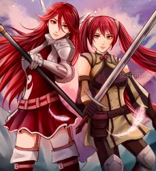 Rule 34 | 2girls, armor, artist name, belt, brown gloves, commentary, cordelia (fire emblem), detached sleeves, dress, english commentary, feather hair ornament, feathers, fire emblem, fire emblem awakening, gauntlets, gloves, hair between eyes, hair ornament, highres, holding, holding polearm, holding sword, holding weapon, long bangs, long hair, mother and daughter, multiple girls, nintendo, polearm, red dress, red eyes, red hair, schereas, severa (fire emblem), shoulder armor, smile, sword, thighhighs, twintails, weapon