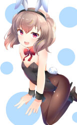 Rule 34 | 1girl, animal ear hairband, animal ears, aru (arudes), bare arms, bare shoulders, black footwear, black hairband, black high heels, black leotard, black pantyhose, black wrist cuffs, blush, bow, bowtie, breasts, brown hair, cleavage, commentary request, commission, detached collar, fake animal ears, fake tail, fang, full body, hair between eyes, hairband, high heels, highleg, highleg leotard, highres, leotard, light brown hair, looking at viewer, open mouth, pantyhose, rabbit ears, rabbit tail, red bow, red bowtie, red eyes, short hair, skeb commission, slow loop, small breasts, solo, strapless, strapless leotard, tail, wrist cuffs, yoshinaga koi
