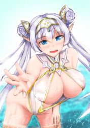 Rule 34 | 1girl, bare shoulders, blue eyes, blush, breasts, britomart (fate), center opening, cleavage, covered erect nipples, double bun, fate/grand order, fate (series), gold one-piece swimsuit, gold trim, grey hair, hair bun, hairband, highleg, highleg swimsuit, large breasts, leaning forward, long hair, looking at viewer, o-ring, one-piece swimsuit, open mouth, outstretched arm, pointy ears, smile, solo, swimsuit, taut clothes, taut swimsuit, tetsuhige, thighs, twintails, two-tone swimsuit, very long hair, wading, water, wet, white one-piece swimsuit