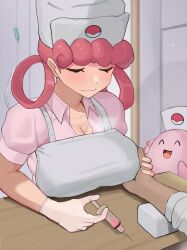 1boy 1girl apron breasts chansey creatures_(company) game_freak gatchan gen_1_pokemon grabbing_another&#039;s_breast groping hat highres holding holding_syringe joy_(pokemon) large_breasts nintendo nurse nurse_cap pink-haired_girl_(kay_yu) pink_shirt pokemon shirt syringe