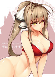 Rule 34 | 10s, 1girl, absurdres, amagi brilliant park, antenna hair, bikini, bottomless, bow, breasts, brown hair, cleavage, collarbone, dean (momodean), frown, hair bow, hair intakes, highres, hip focus, large breasts, long hair, looking at viewer, parted lips, ponytail, red bikini, sento isuzu, solo, swimsuit, tsurime, v arms, yellow eyes