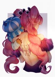 Rule 34 | 1girl, absurdres, back, back tattoo, backless dress, backless outfit, blunt bangs, bow, braid, choker, commentary, dress, hair bow, hat, highres, holding, holding stuffed toy, horned hat, kumacy, one piece, panpann2413, perona, pink hair, puffy short sleeves, puffy sleeves, purple dress, short sleeves, signature, solo, stuffed toy, tattoo, twin braids, twintails, upper body