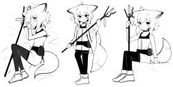 Rule 34 | 1girl, absurdres, ahoge, animal ear fluff, animal ears, arknights, bare arms, bare shoulders, bed sheet, blush, closed mouth, collarbone, dress, flying sweatdrops, fox ears, fox girl, fox tail, greyscale, hair between eyes, hands up, highres, holding, lying, monochrome, multiple views, on side, pantyhose, shoes, simple background, sitting, smile, spam (spamham4506), standing, sussurro (arknights), tail, white background