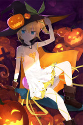 Rule 34 | 10s, 1girl, akitaka (pixiv12739753), asymmetrical gloves, black neckwear, blonde hair, blue eyes, boots, breasts, brown gloves, cape, cleavage, collarbone, dress, edna (tales), eyebrows, gloves, green ribbon, hair between eyes, hair ribbon, halloween, halloween costume, hand on headwear, hat, highres, jack-o&#039;-lantern, looking at viewer, one side up, pumpkin, ribbon, short hair, sitting, small breasts, solo, sundress, tales of (series), tales of zestiria, umbrella, uneven gloves, white dress, witch hat, yellow ribbon