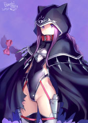 Rule 34 | 1girl, armor, artist name, black leotard, bosshi, breastplate, cloak, closed mouth, collar, commentary request, covered navel, dated, fate/grand order, fate (series), hair ribbon, highres, hood, leotard, long braid, long hair, looking at viewer, medusa (fate), medusa (lancer) (fate), medusa (rider) (fate), purple background, purple eyes, purple hair, red collar, ribbon, rider, signature, simple background, solo, very long hair