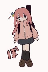 Rule 34 | 1girl, black socks, blue eyes, bocchi the rock!, brown footwear, closed mouth, cube hair ornament, gooooskap, gotoh hitori, grey skirt, hair between eyes, hair ornament, hair over eyes, highres, instrument case, jacket, loafers, long hair, one side up, pink hair, pink jacket, pleated skirt, shoes, simple background, skirt, socks, solo, track jacket, white background