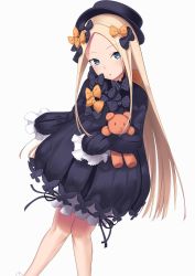 Rule 34 | 1girl, abigail williams (fate), absurdres, black bow, black dress, black hat, blonde hair, bloomers, blue eyes, bow, bug, butterfly, commentary request, dress, dutch angle, fate/grand order, fate (series), hair bow, hands in opposite sleeves, hat, head tilt, highres, hugging object, insect, long hair, long sleeves, looking at viewer, orange bow, parted bangs, parted lips, polka dot, polka dot bow, ruga (orage38), simple background, solo, stuffed animal, stuffed toy, teddy bear, underwear, very long hair, white background, white bloomers