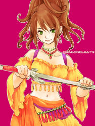 Rule 34 | brown hair, detached sleeves, dragon quest, dragon quest ix, dress, green eyes, hair up, heroine (dq9), jewelry, level-5, midriff, minstrel (dq9), navel, necklace, smile, solo, sword, weapon, yukaris