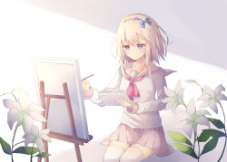Rule 34 | 1girl, absurdres, bad id, bad pixiv id, blonde hair, blue bow, blue eyes, blue hairband, bow, closed mouth, collarbone, colored eyelashes, commentary request, easel, gloves, hair bow, hairband, highres, holding, holding paintbrush, long hair, long sleeves, original, paintbrush, painting (action), pink sailor collar, pink skirt, pleated skirt, sailor collar, school uniform, serafuku, shirt, sitting, skirt, sleeves past wrists, smile, solo, thighhighs, tsuruse, white gloves, white shirt, white thighhighs