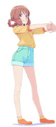 Rule 34 | 1girl, akinbo (hyouka fuyou), blue shorts, braid, brown hair, closed mouth, delicious party precure, full body, hanamichi ran, highres, long hair, orange footwear, precure, purple eyes, shirt, short shorts, short sleeves, shorts, simple background, smile, solo, standing, stretching, white background, yellow shirt
