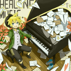 Rule 34 | 1boy, blonde hair, blue eyes, corekadoya, from above, hat, instrument, jacket, kadokoa, kagamine len, letter, love letter, male focus, open clothes, open jacket, open mouth, outstretched hand, paper, paper airplane, piano, piano bench, shoes, shorts, sitting, smile, socks, solo, vocaloid