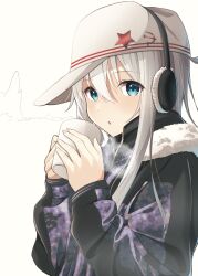 Rule 34 | 1girl, bad id, bad pixiv id, blue eyes, camouflage, camouflage jacket, cup, earmuffs, fingernails, fur-trimmed jacket, fur trim, hair between eyes, hammer and sickle, hat, hibiki (kancolle), highres, holding, holding cup, jacket, kantai collection, long hair, long sleeves, parted lips, sidelocks, simple background, solo, upper body, verniy (kancolle), white background, white hair, white hat, yuzuzukushi