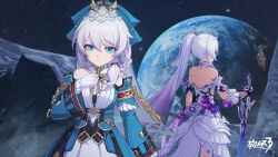 Rule 34 | 2girls, ahoge, aqua eyes, aunt and niece, back, bare shoulders, chinese commentary, closed mouth, crown, detached sleeves, earrings, earth (planet), family, gloves, hair between eyes, high ponytail, highres, holding, holding weapon, honkai (series), honkai impact 3rd, jewelry, kiana kaslana, kiana kaslana (herrscher of finality), logo, long hair, long sleeves, multiple girls, official art, official wallpaper, on moon, planet, sky, space, spoilers, theresa apocalypse, upper body, weapon, white gloves, white hair